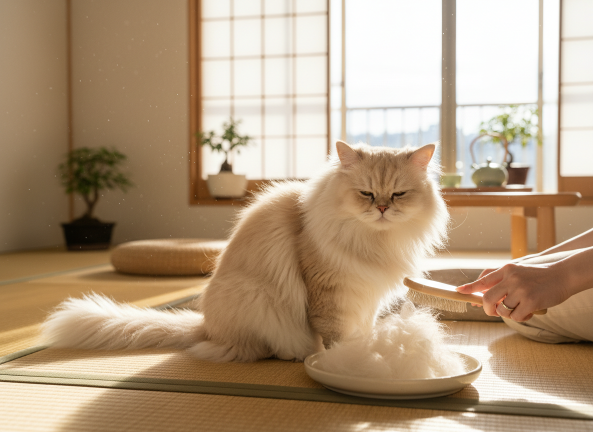 換毛期に猫をブラッシングして抜け毛を集める様子