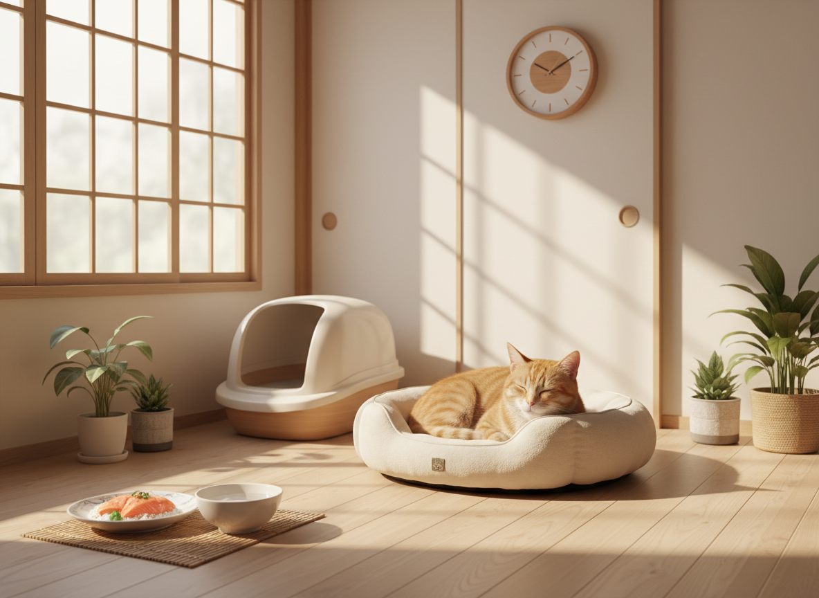 留守番中の猫のために水・ごはん・トイレを整えた室内