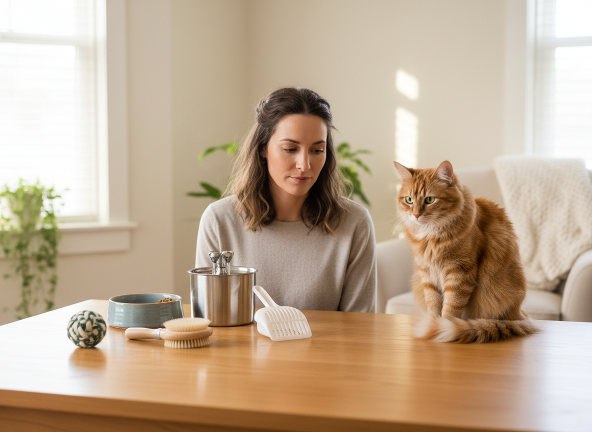 猫用品を選ぶために並べた給餌・給水・掃除用品と猫