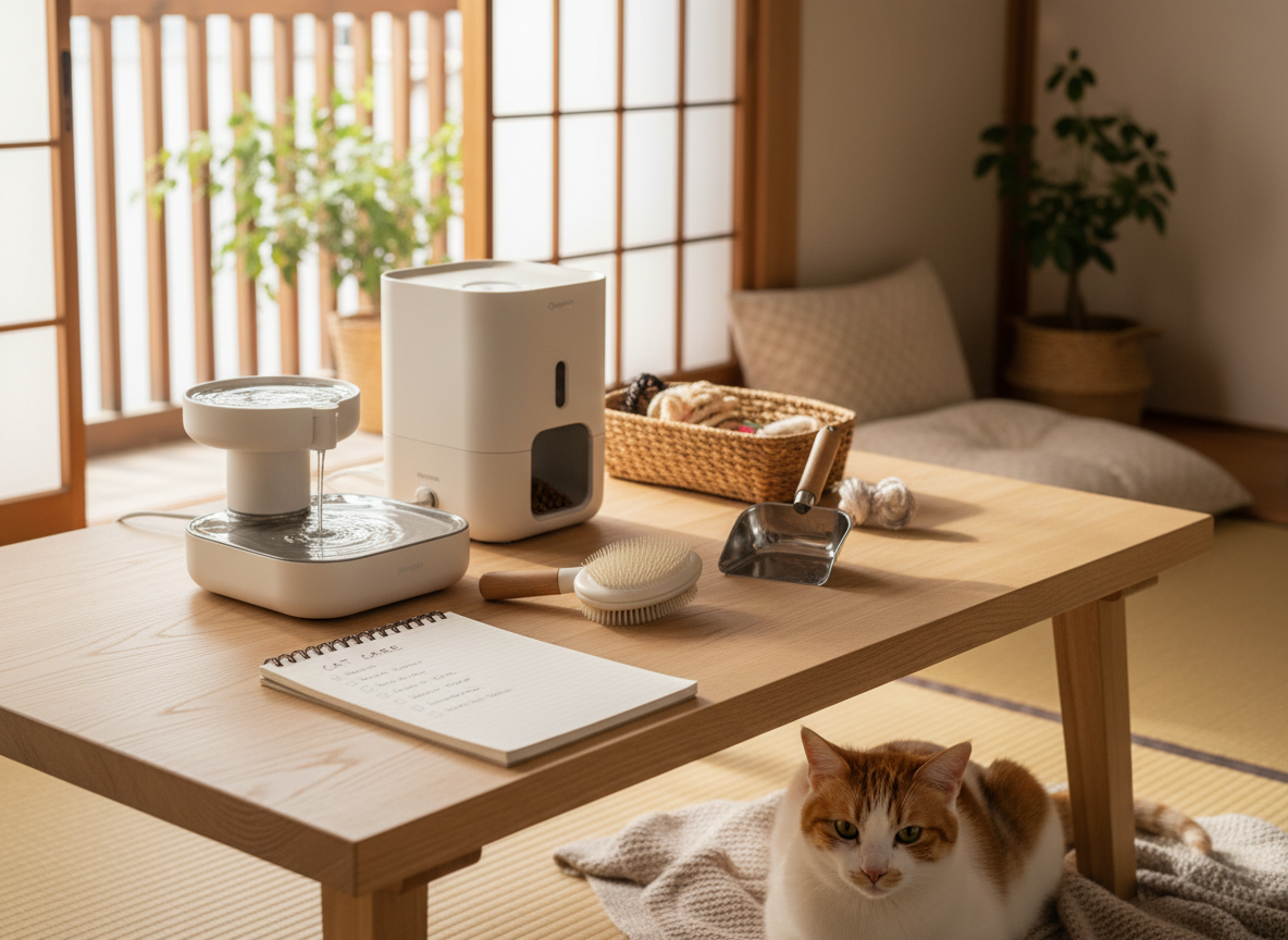 猫用品の購入前チェックリストと猫用品を並べたテーブル