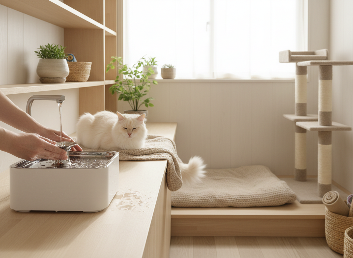 自動給水器の手入れとそばで見守る猫
