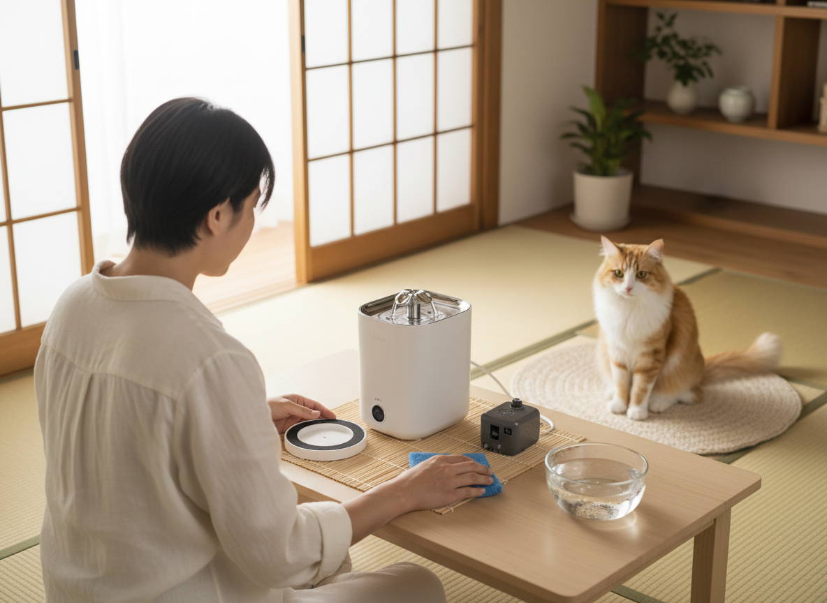 自動給水器のフィルターとポンプを掃除する様子