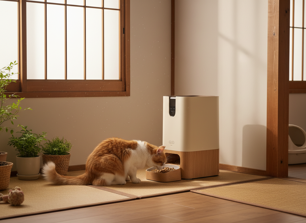 倒されにくい場所に置かれた猫用自動給餌器と食事する猫