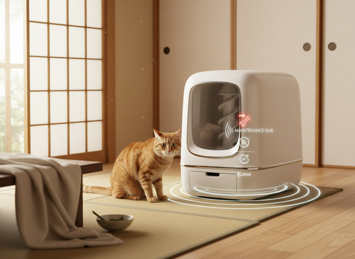 自動猫トイレを警戒して見つめる猫と清潔な室内