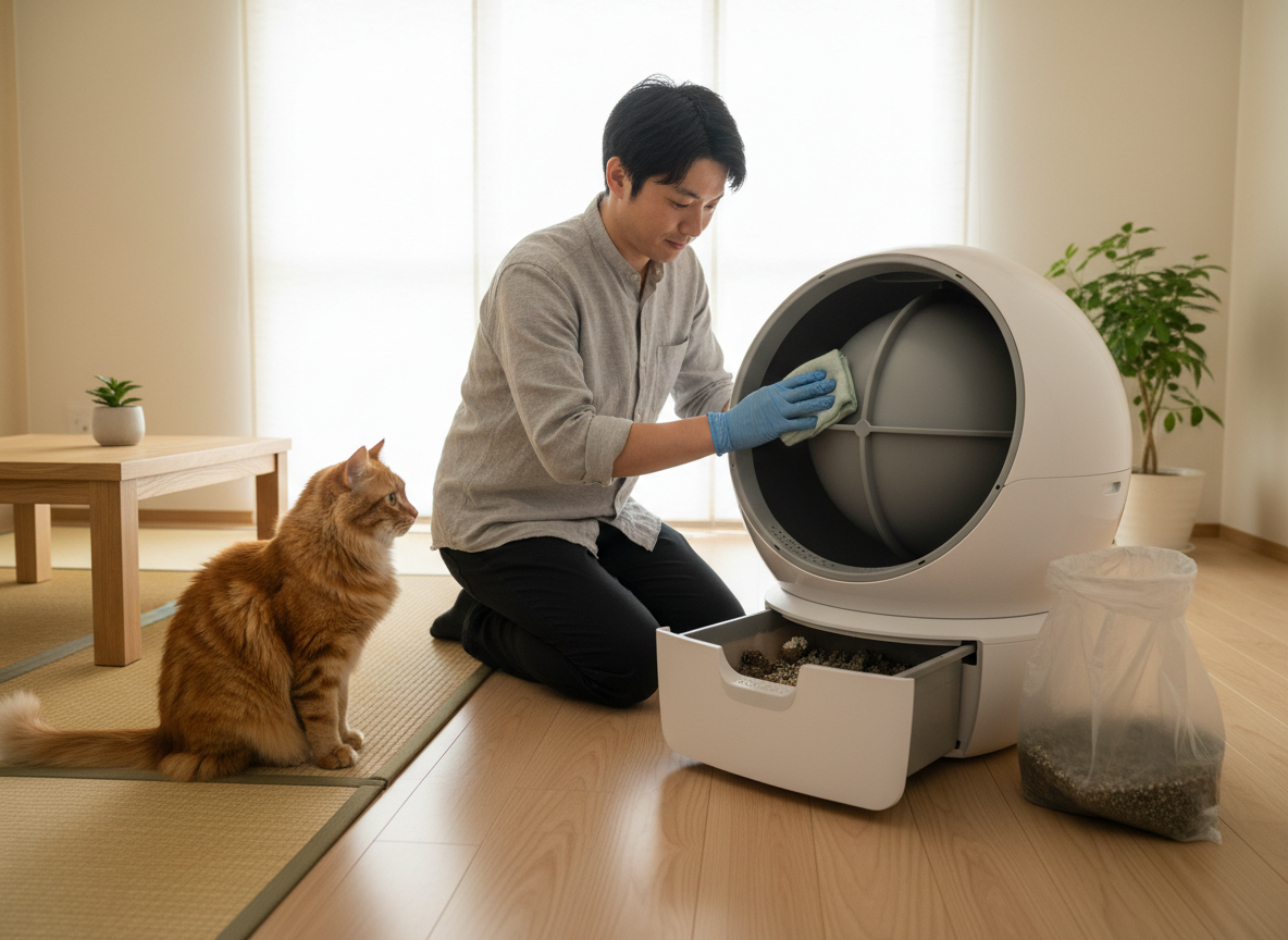 自動猫トイレのダストボックスと本体を掃除する様子