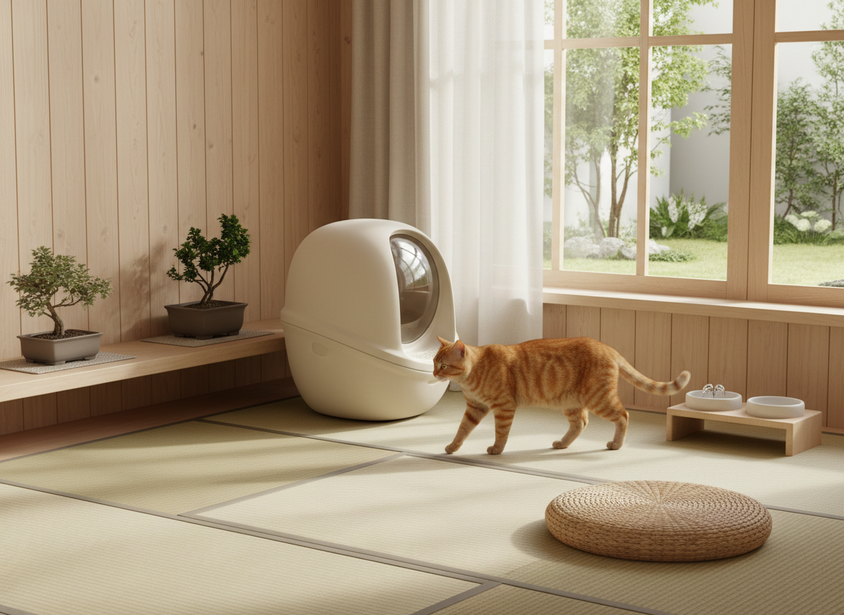 静かな場所に置かれた自動猫トイレと歩く猫