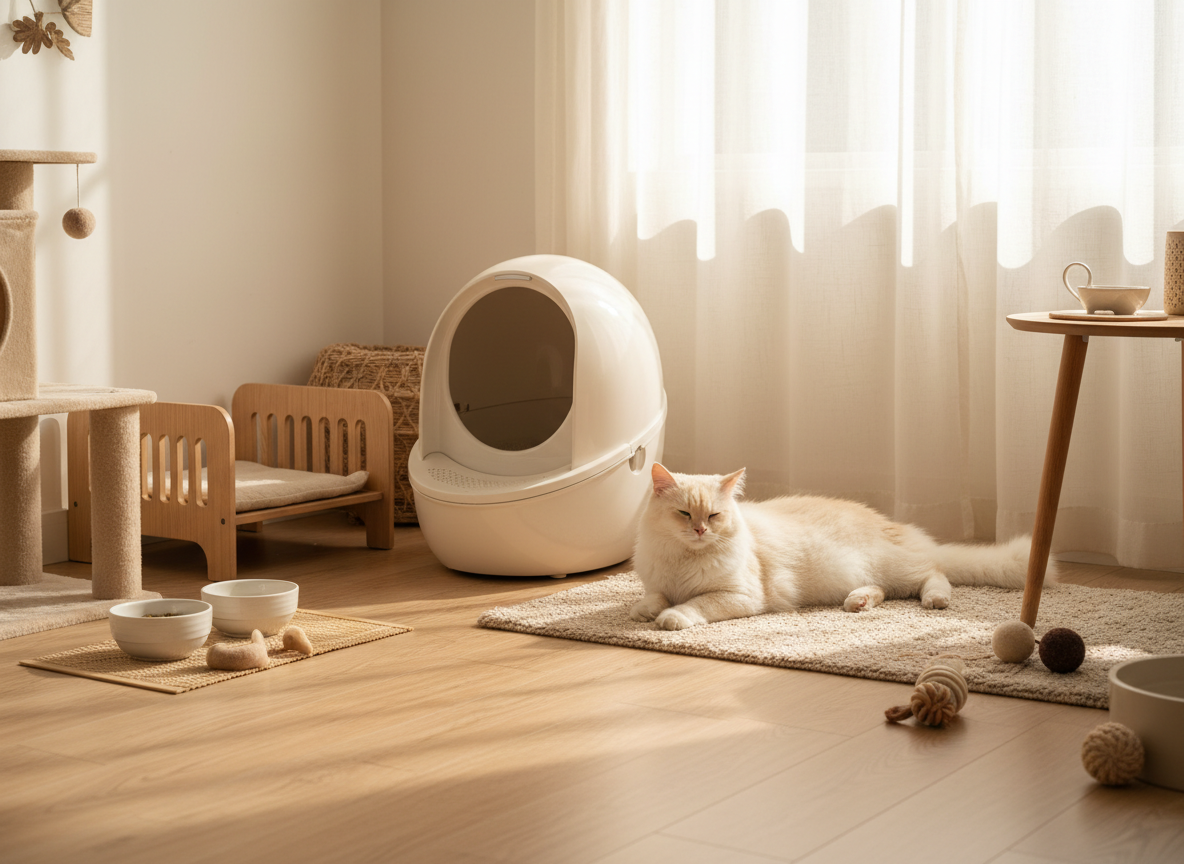 明るい室内の自動猫トイレとくつろぐ猫