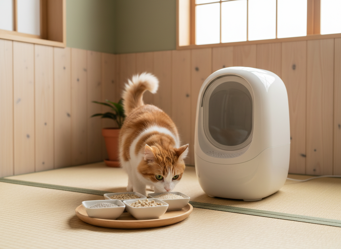 自動猫トイレと複数種類の猫砂を比較するイメージ